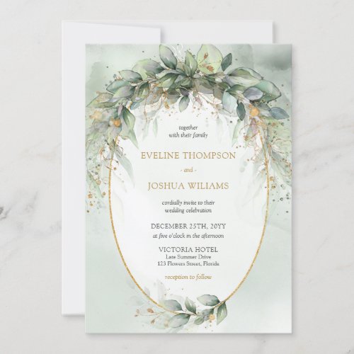 Trendy boho eucalyptus greenery gold wedding invitation