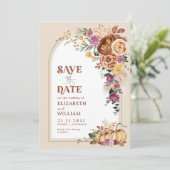 Trendy Boho Fall Floral Pumpkin Save the Date (Standing Front)
