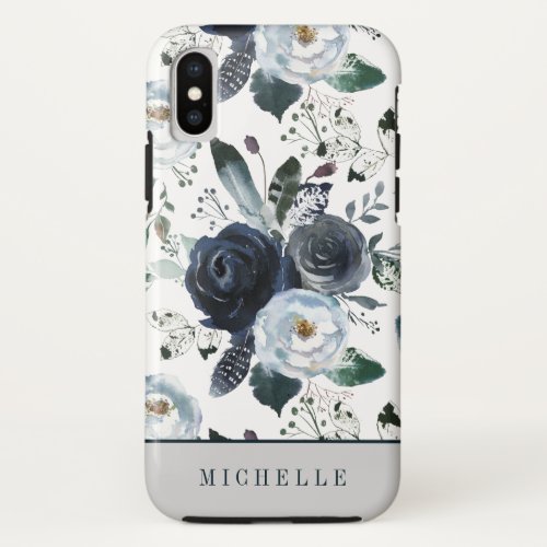 Trendy Boho Feathers and Blue flowers monogram iPhone XS Case