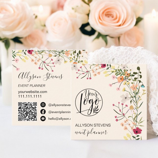 Trendy Boho floral event planner logo qr code Square Business Card (Trendy Boho floral event planner logo qr code Square Business Card)