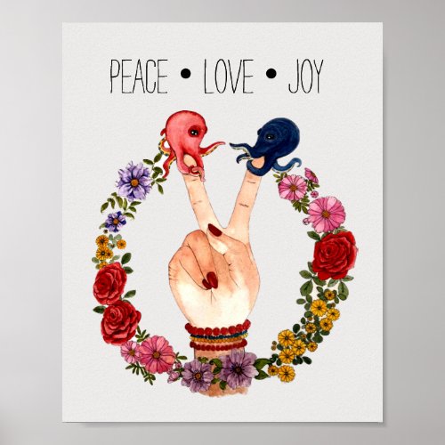 Trendy Boho Floral Octopus Peace Sign Watercolor