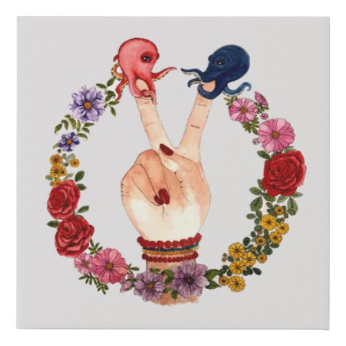 Trendy Boho Floral Watercolor Octopus Peace Sign