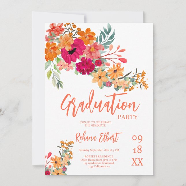 Trendy Boho Graduation Photo Card – Orange Florals (Front)