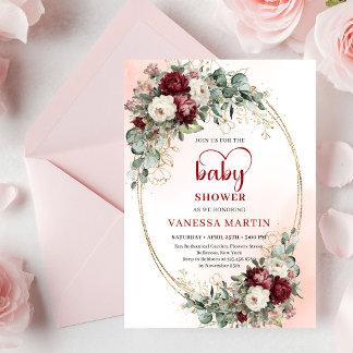Trendy Boho Maroon Floral Gold Accent Baby Shower Invitation