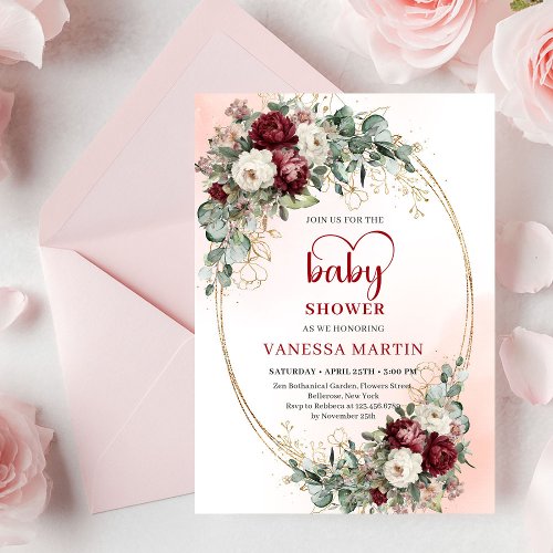 Trendy Boho Maroon Floral Gold Accent Baby Shower