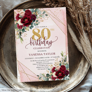 Trendy Boho Marsala Gold Flowers 80th Birthday Invitation