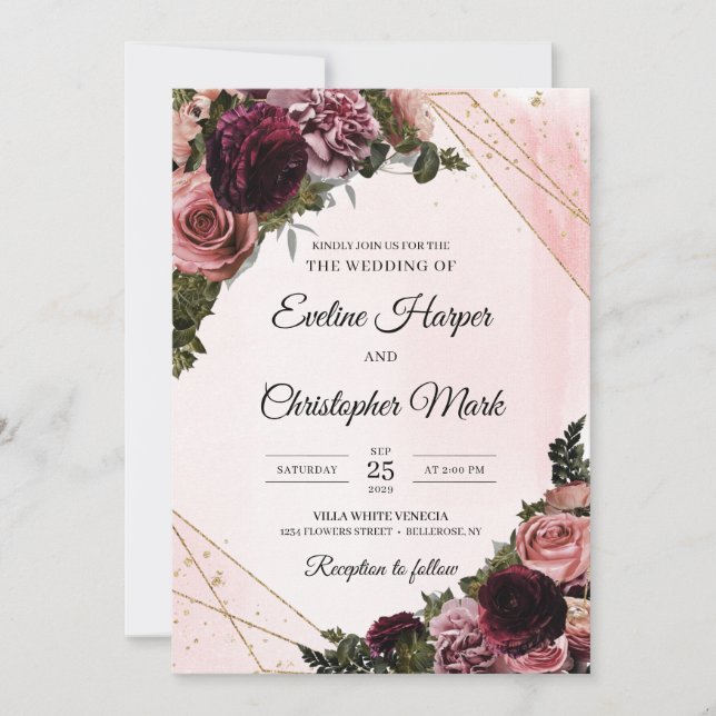 Trendy boho mauve roses flowers faux gold frame invitation (Front)