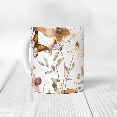 Trendy Boho Neutral Autumn Wildflowers on White Coffee Mug