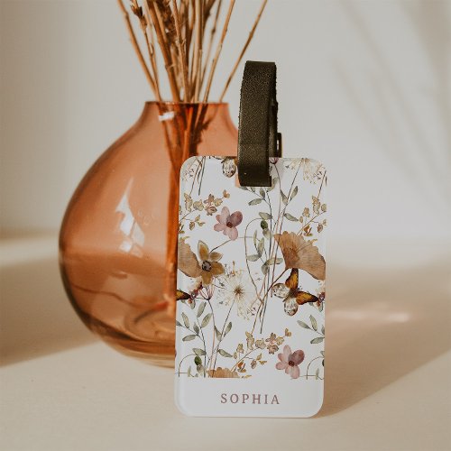 Trendy Boho Neutral Autumn Wildflowers on White Luggage Tag