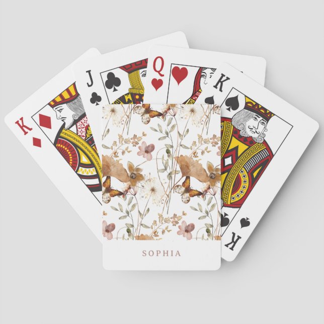 Trendy Boho Neutral Autumn Wildflowers on White Poker Cards (Back)