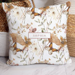 Trendy Boho Neutral Autumn Wildflowers on White Throw Pillow<br><div class="desc">This trendy pillow features a pretty,  boho autumn pattern of neutral,  terracotta and blush pink colored wildflowers and green leaves with butterflies on a white background. Personalize with your name or monogram in a matching rose pink color.</div>