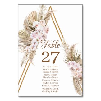 Trendy Boho Pampas Grass Dried Palm Gold Arch Table Number