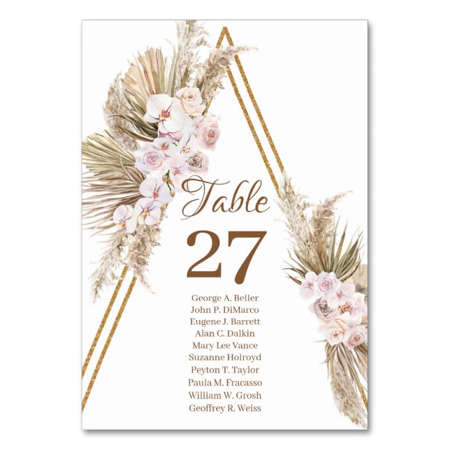 Trendy Boho Pampas Grass Dried Palm Gold Arch Table Number (Front)