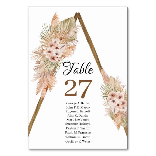 Trendy Boho Pampas Grass Dried Palm Wooden Arch Table Number