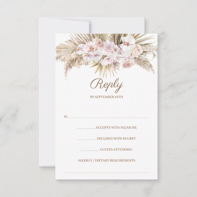 Trendy Boho Pampas Grass Dusty Rose Dried Palm  RS RSVP Card (Front)