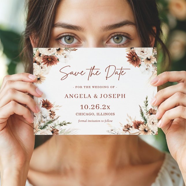 Trendy Boho Pampas Grass Floral Terracotta Save The Date (Creator Uploaded)