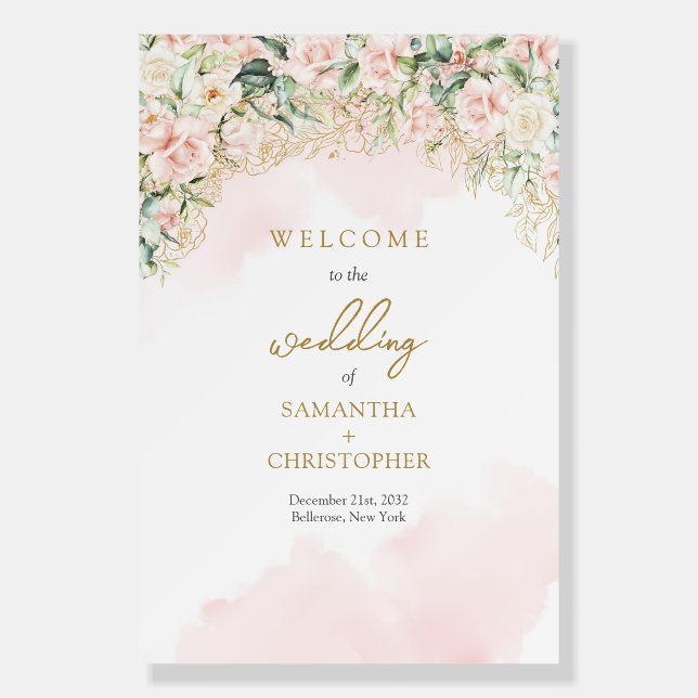 Trendy boho pastel pink roses wedding welcome foam board (Front)
