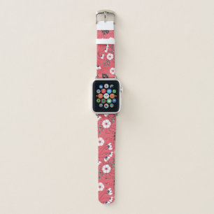 Trendy Boho Pink Teal and Black Floral Pattern Apple Watch Band