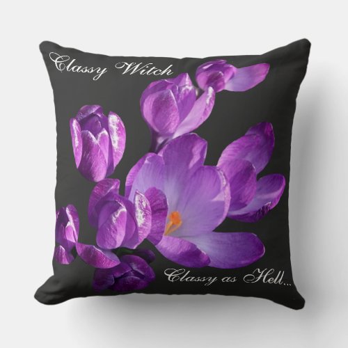 Trendy boho purple flowers black modern vintage throw pillow
