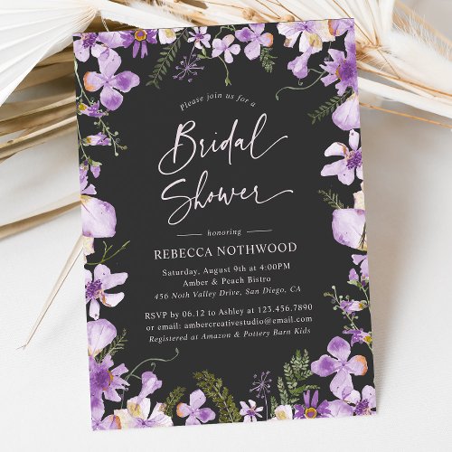 Trendy Boho Purple Wildflowers Bridal Shower Invitation