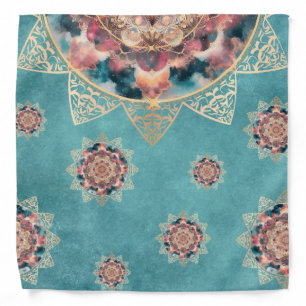 Trendy Boho Watercolor Nebula Gold Flower Mandala Bandana