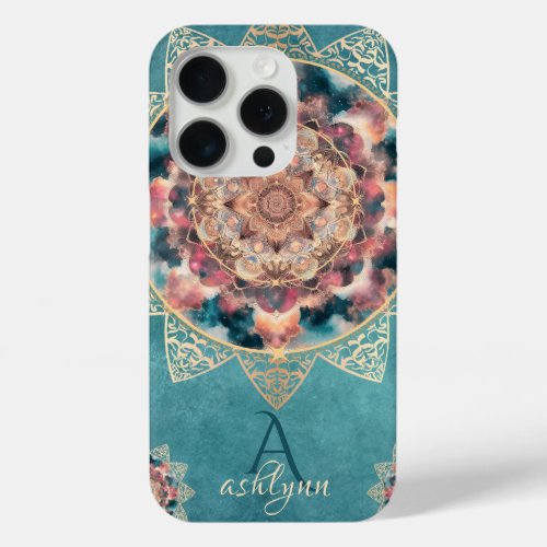 Trendy Boho Watercolor Nebula Gold Flower Mandala  iPhone 15 Pro Case