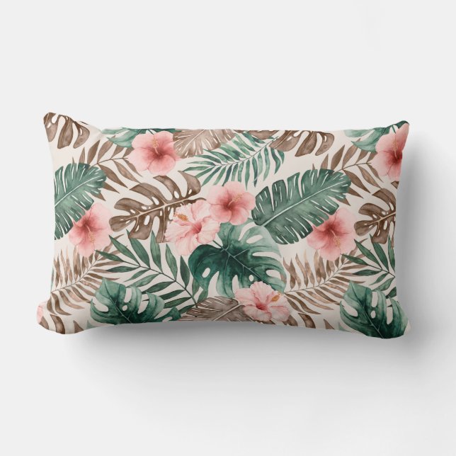 Trendy Boho Watercolor Tropical Floral  Lumbar Pillow (Front)