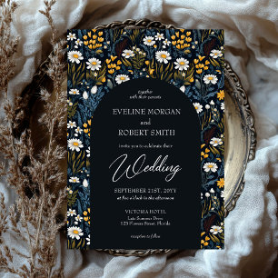 Trendy Boho white daisies wild flowers navy arch Invitation