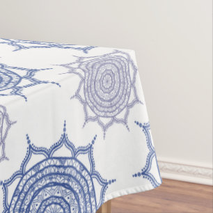 Trendy Boho Winter Blue, White Mandala Pattern Zen Tablecloth