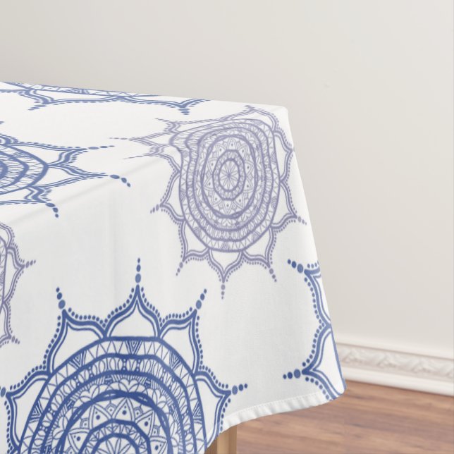 Trendy Boho Winter Blue, White Mandala Pattern Zen Tablecloth (In Situ)