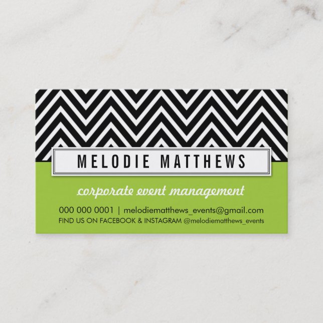 TRENDY bold chevron pattern panel black lime green Business Card (Front)