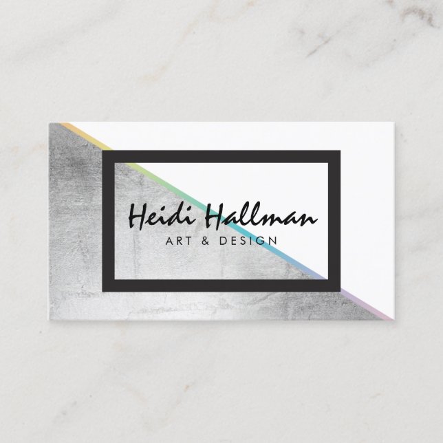 Trendy Bold Faux Silver Holographic Color Block Business Card (Front)