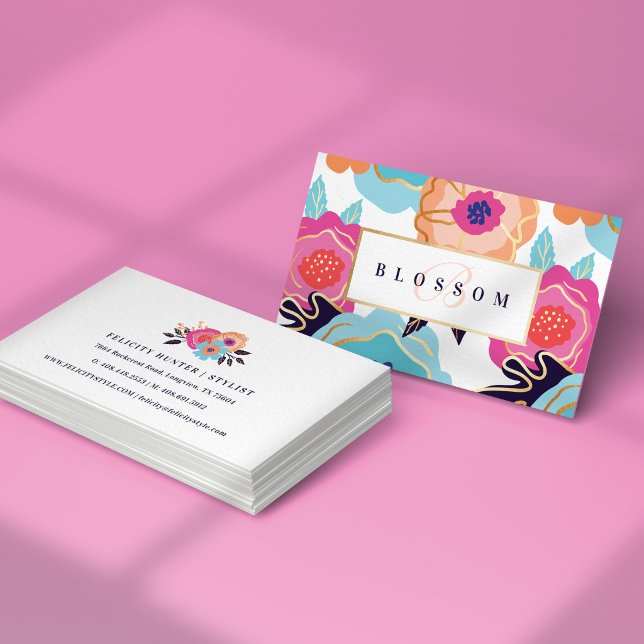 Trendy Bold Floral Pattern Print & Gold Monogram Business Card