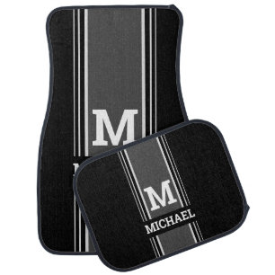 Trendy Bold Gray Monogram, Vertical Lines on Black Car Floor Mat