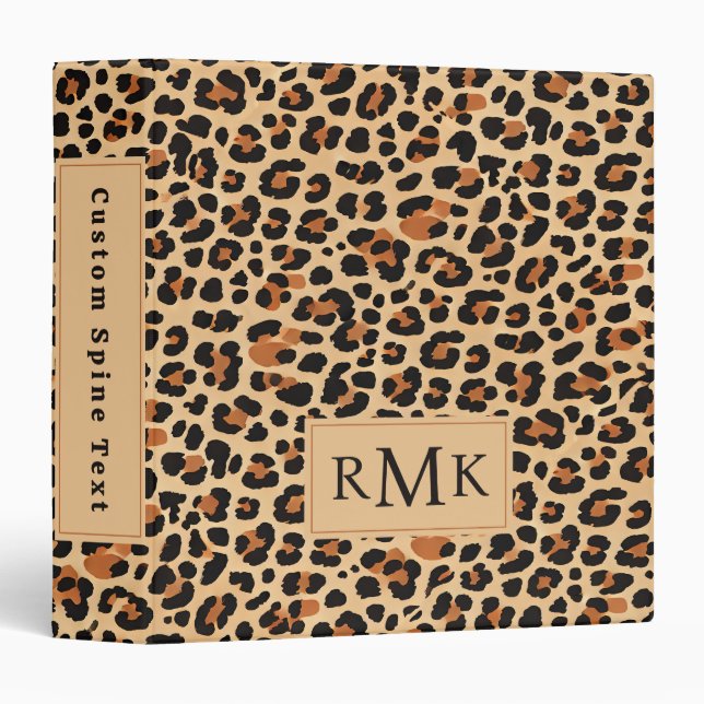 Trendy Bold Leopard Print Custom 3 Letter Monogram 3 Ring Binder (Front/Spine)