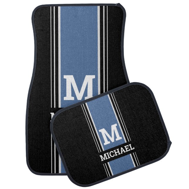 Trendy Bold Monogram & Name, Blue Gray Black Car Floor Mat (Set)