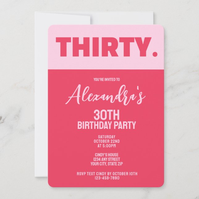 Trendy Bold Pink and Red Girly 30th Birthday Invitation (Front)