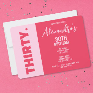 Trendy Bold Pink and Red Girly 30th Birthday Invitation