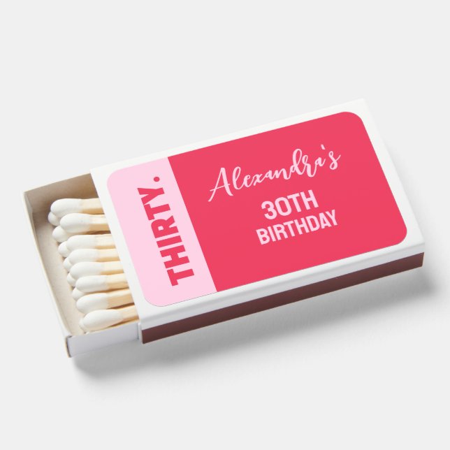 Trendy Bold Pink and Red Girly 30th Birthday Matchboxes (Front Open)
