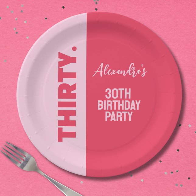 Trendy Bold Pink and Red Girly 30th Birthday Paper Plates (Creator Uploaded)