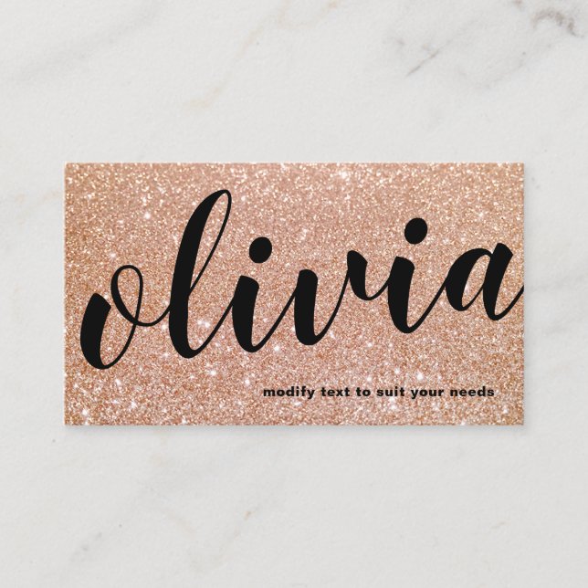 Trendy Bold Rose Gold Glitter Script Calligraphy Business Card (Front)