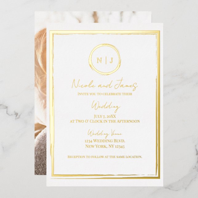 Trendy Border Gold Modern Glam Wedding Photo   Foil Invitation (Front/Back)