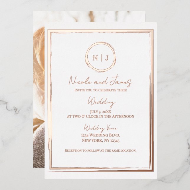 Trendy Border Rose Gold Modern Wedding Photo   Foil Invitation (Front/Back)