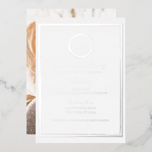 Trendy Border Silver Modern Glam Wedding Photo   Foil Invitation (Front/Back)