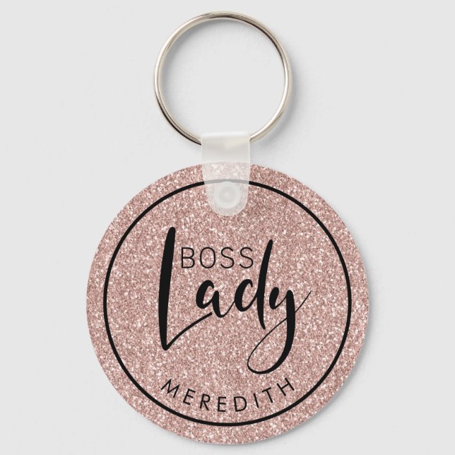 Trendy Boss Lady Blush Pink Glitter Personalized Keychain (Front)