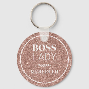 Trendy Boss Lady Rose Gold Glitter Personalized Keychain