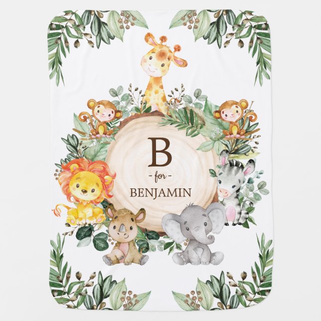 Trendy Botanical Greenery Safari Animals Baby Blanket (Front)