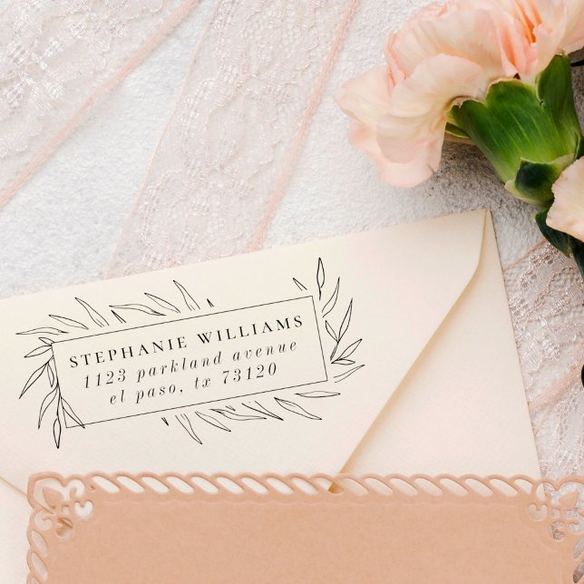 Trendy Botanical Leaves Frame Name Return Address Rubber Stamp (Creator Uploaded)