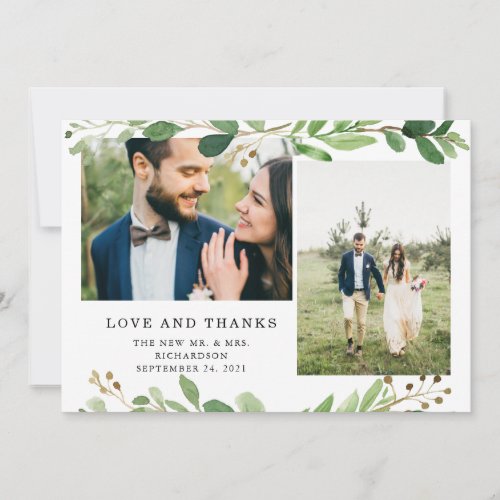 Trendy Botanical Leaves  Two Photo Wedding Thank You Card