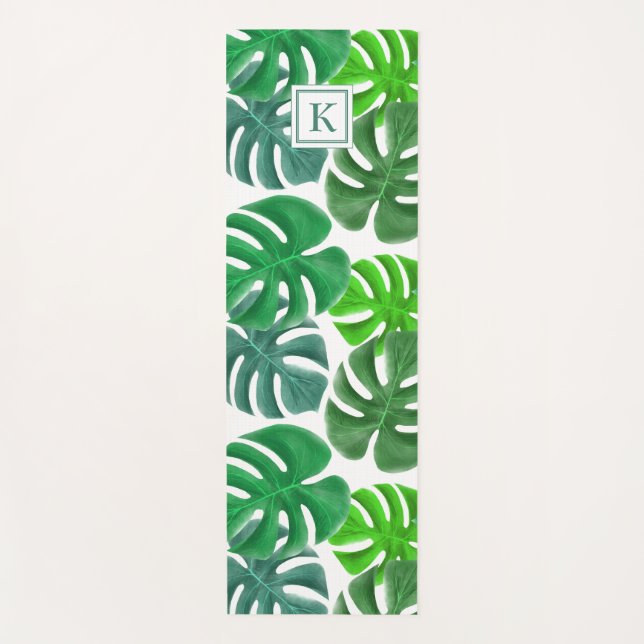 Trendy Botanical Palm Leaves Monogram Yoga Mat (Front)